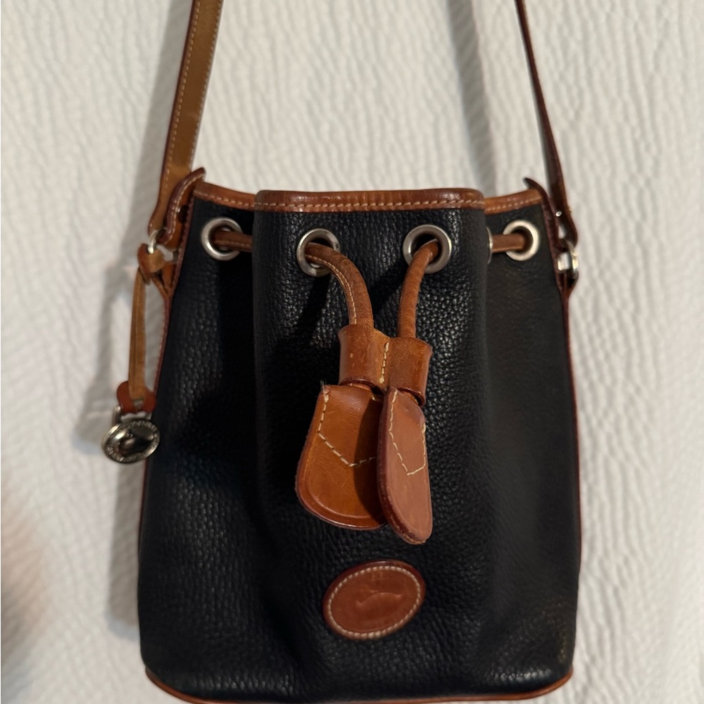 Dooney & Bourke Dark Blue & Tan Drawstring Shoulder Bag